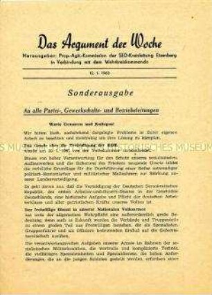 Informationsblatt der SED-Kreisleitung Eisenberg und des Wehrkreiskommandos zur Werbung von Soldaten auf Zeit und von Berufssoldaten