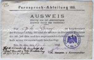 Ausweis eines Gefreiten der Fernsprechabteilung 185 - Sachkonvolut