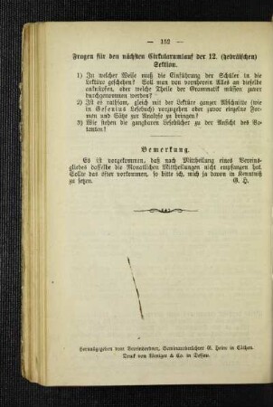 Fragen für den nächsten Cirkularumlauf der 12. (hebräischen) Sektion