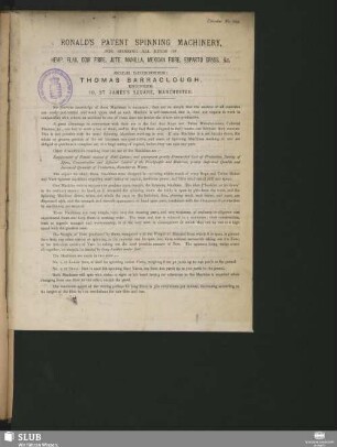 Ronald's Patent Soinning Machinery, For Spinning All Kinds Of Hemp, Flax, Coir Fibre, Jute, Manilla, Mexican Fibre, Esparto Grass, &c.