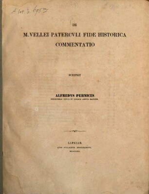 De M. Vellei Patercvli Fide Historica Commentatio