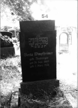 Grabstein 54 (Index: 100100588) Material: Granit Zustand: gut Maße HxBxT: 125x56x15 cm Beschreibung: Stele, Sockel, eingezogener flacher Rundbogen Symbolik: eingemeißelte Ornamentik, Davidstern: Grabstein 54