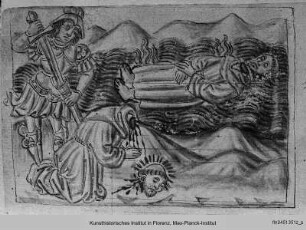 Oddi, Specchio de l'Ordene (La Franceschina) : Textseite mit drei Illustrationen : Enthauptung von zwei Franziskanern