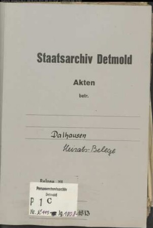 Belegakten zum Heiratsregister der katholischen Gemeinde Dalhausen, Kreis Höxter (1808-1813)