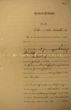 Geburtsurkunde für den am 14. Nov. 1876 in Fredersdorf geborenen Friedrich Hermann Haseloff