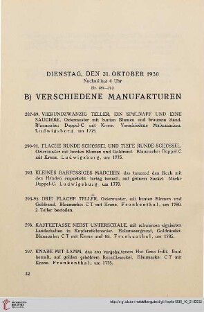 B) Verschiedene Manufakturen (Nr. 287-327)