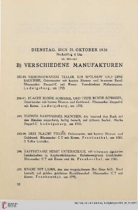 B) Verschiedene Manufakturen (Nr. 287-327)
