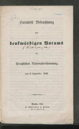 Harmlose Beleuchtung des denkwürdigen Votums der Preußischen Nationalversammlung vom 2. September 1848