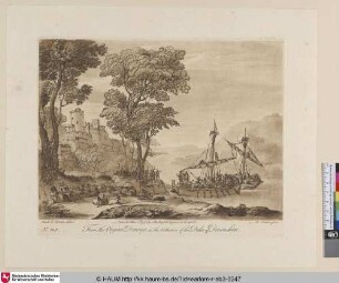 [Landschaft mit Fluss und Burg; in einem Schiffe sind Krieger (Landung des Aeneas?).]