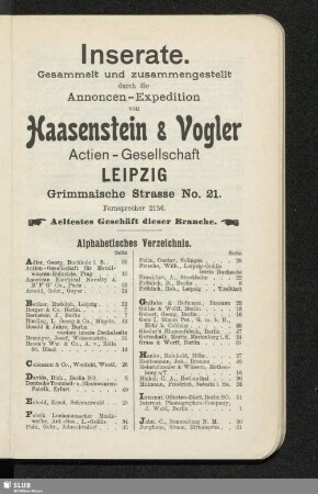 Inserate. Alphabetisches Verzeichnis