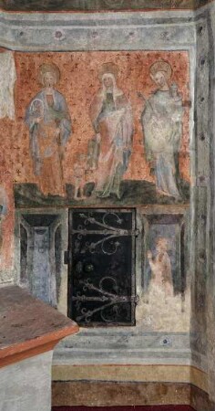 Frankfurter Wandmalerei der Kreuzigung Christi — Heilige Katharina, Elisabeth und Barbara mit Stifter (rechtes Bildfeld)