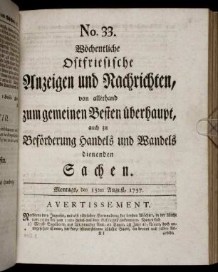 No. 33. Montags, den 15ten August, 1757.