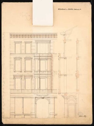 Wohnhäuser Ritterstraße 61-65, Berlin-Kreuzberg: Wohnhaus Knoblauch Nr. 64: Ansicht ohne Einfügung, 2 Fassadenschnitte vertikal