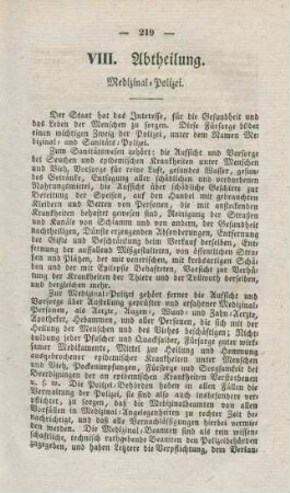 VIII. Abtheilung. Medizinal-Polizei