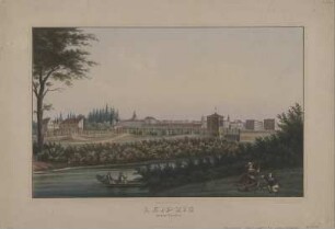 Ansicht von Leipzig, Lithographie, um 1850 : Leipzig : gegen Westen / H. R. Scholze fec. - [S.l.] : Selbstverl. Scholze ; Leipzig : Blau , [um 1850]. - 1 Kunstbl. : kolor. Lithogr. ; 39 x 24 cm