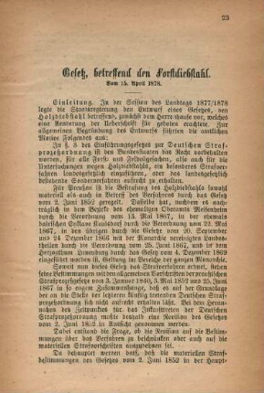Gesetz betreffend den Forstdiebstahl. Vom 15. April 1878.