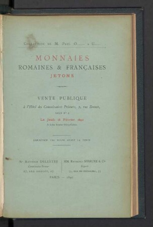 Monnaies romaines et françaises. Jetons : [vente] 18 février 1892