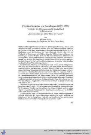 Christian Sebastian von Remchingen (1689-1777), Großprior des Malteserordens für Deutschland zu Heitersheim. "Ein erlauchter und letzter Stein des Hauses".