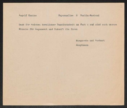 Brief von Gerhart Hauptmann und Margarete Hauptmann an Ingolf Kuntze