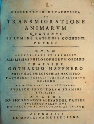 Diss. metaphys. de transmigratione animarum, quatenus ex lumine rationis cognosci potest