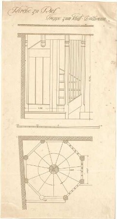 Dolmetsch, Theodor; Riet; Kirche - Treppe zum Schiff - Dachraum (Grundriss, Ansicht)
