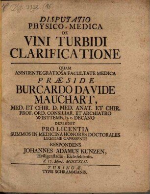 Disputatio physico-medica de vini turbidi clarificatione