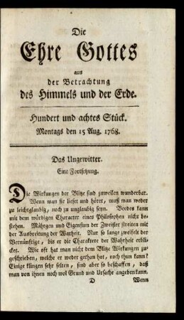 Hundert und achtes Stück. Montags den 15 Aug. 1768