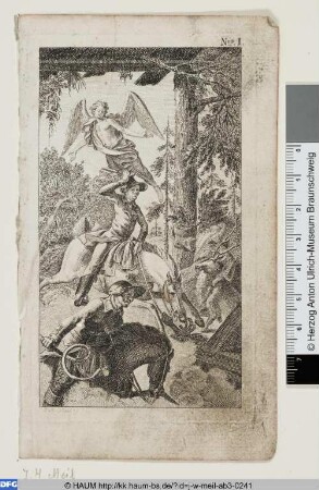 Unter einem Dach zwei bewaffnete Reiter und ein Bärtiger einen Hirsch schützend erblickt den fliegenden Engel