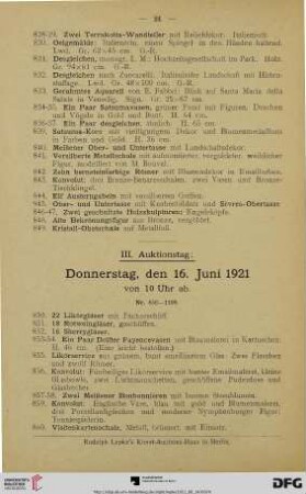 III. Auktionstag: Donnerstag, den 16. Juni 1921 von 10 Uhr ab (Nr. 850-1100)