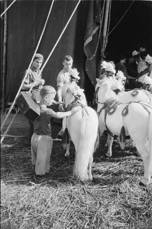 Kinder bei den Ponys vor Zirkuszelt