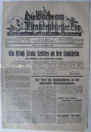 Militaristische Wochenzeitung "Die Wache am Brandenburger Tor" zur Eingliederung des Stahlhelm in die SA