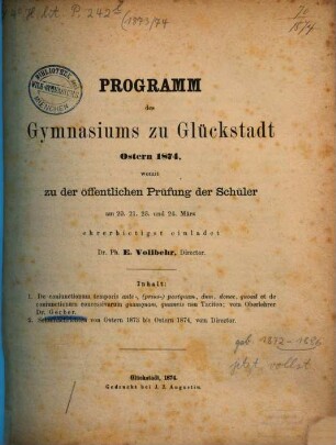 Programm des Königlichen Gymnasiums zu Glückstadt : Ostern ..., 1873/74