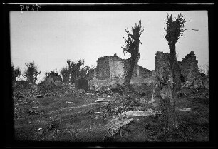 Nicht identifizierbare Ortschaft bei Péronne oder Mont Saint-Quentin (beide Dep. Somme, Frankreich): Mauerreste einer Gebäuderuine, im Vordergrund Baumstümpfe