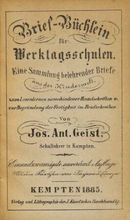 Briefbüchlein für Werktagsschulen