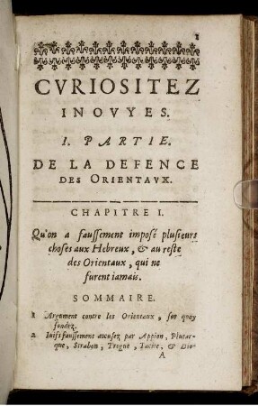 I. Partie. De La Defence Des Orientaux.