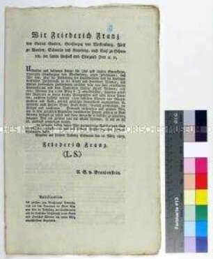 Bekanntmachung des Mandats von Friedrich Franz Großherzog von Mecklenberg betreffend die Aufhebung des Kirchengerichts bzw. der kirchlichen Behörde in Stadt und Herrschaft Wismar