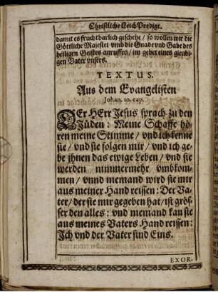 Textus. Aus dem Evangelisten Johan. 10. cap.