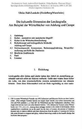 Die kulturelle Dimension der Lexikografie. Am Beispiel der Wörterbücher von Adelung und Campe
