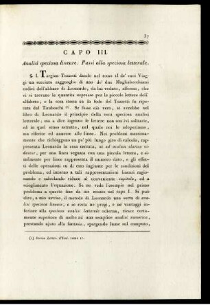 Capo III. Analisi speciosa lineare. Passi alla speciosa letterale.