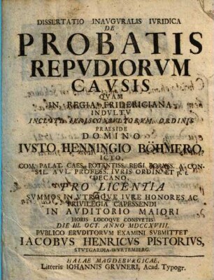 Dissertatio Inavgvralis Ivridica De Probatis Repvdiorvm Cavsis