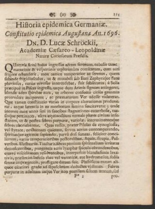 Historia epidemica Germaniae. Constitutio epidemica Augustana An. 1696. Dn. D. Lucae Schröckii, Academiae Caesareo-Leopoldinae Naturae Curiosorum Praesidis.