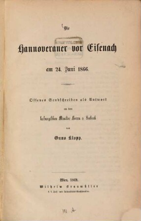 Die Hannoveraner vor Eisenach am 24. Juni 1866 : offenes Sendschreiben als Antwort an den koburgischen Minister Herrn von Seebach
