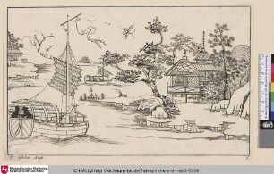 [Chinesische Landschaft mit einem Boot auf einem Fluss]