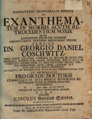 Diss. inaug. med. de exanthematum in morbis acutis retrocedentium noxis