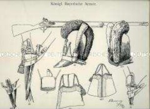 Uniformdarstellung, Detailstudie Säbel, Flinte, Helme, Feldflasche, Linien-Infanterie, Königreich Bayern, 1806/1812. Beiblatt 3 zu Tafel I aus: Müller/Braun: Königl. Bayerische Armee.