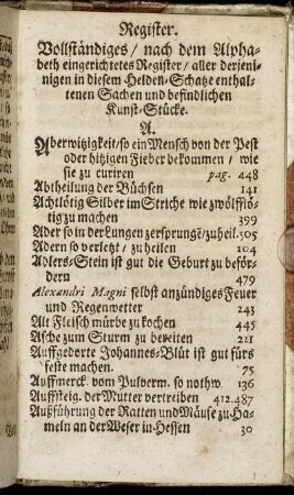 Register. Vollständiges/ nach dem Alphabeth eingerichtetes Register/ aller derjenigen in diesem Helden-Schatze enthaltenen Sachen und befindlichen Kunst-Stücke.