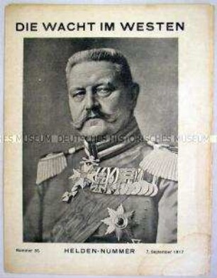 Kriegszeitung der 1. Armee "Die Wacht im Westen" mit einem Porträt von Hindenburg auf dem Umschlagblatt