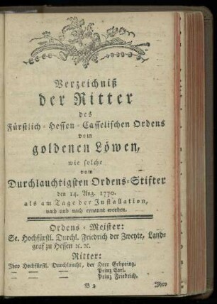 Verzeichniß der Ritter des Fuerstlich-Hessen-Casselischen ordens vom goldenen Loewen