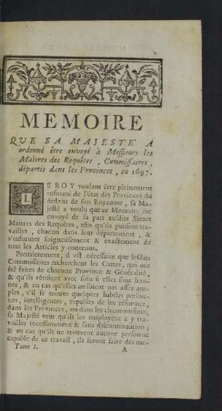 Memoire que sa Majesté a ordonné ...