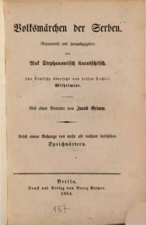 Volksmärchen der Serben : nebst einem Anhange von mehr als tausend serbischen Sprichwörtern